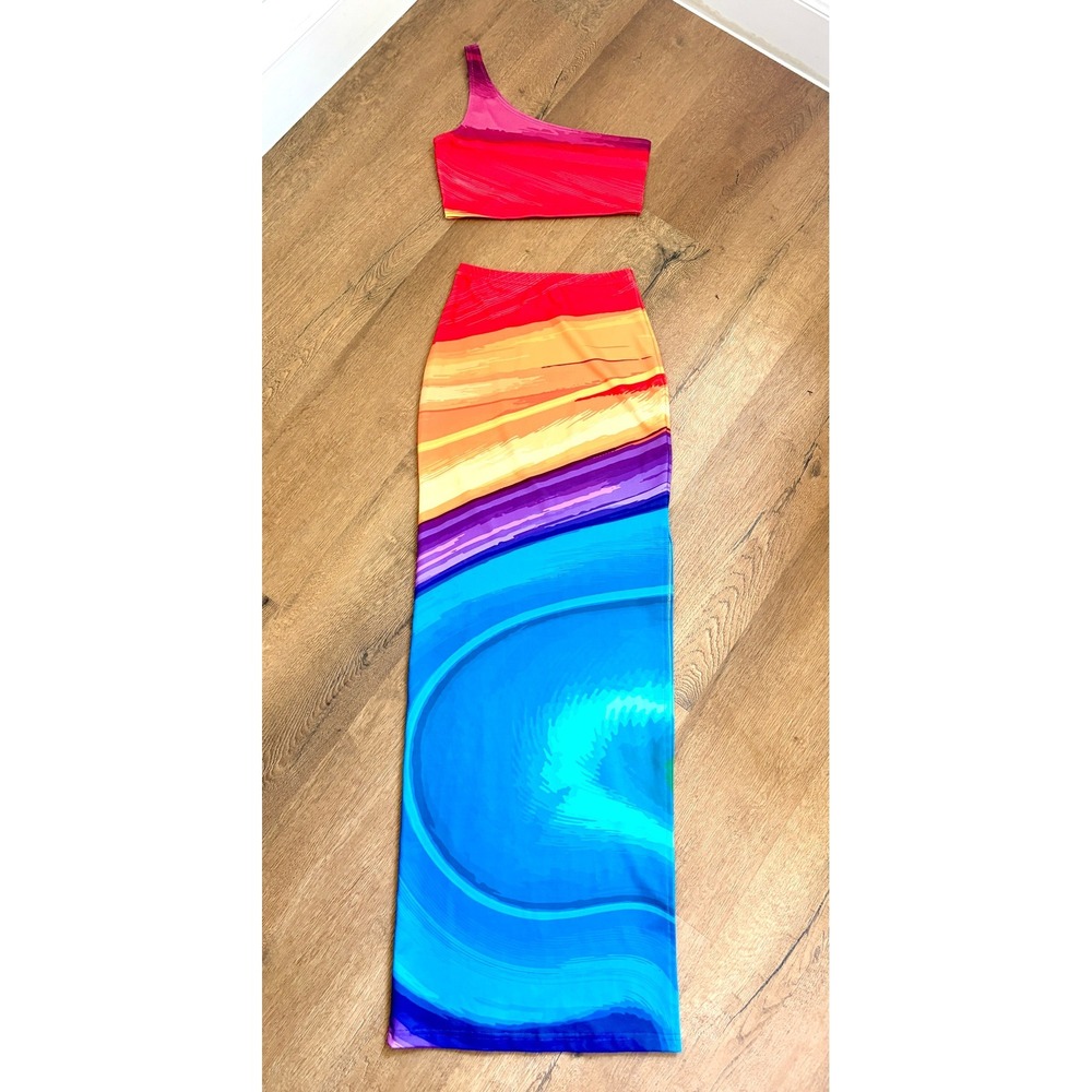 FARAI LONDON XS Rainbow Sunset One Shoulder 2 Piece Crop Top Maxi Skirt Set